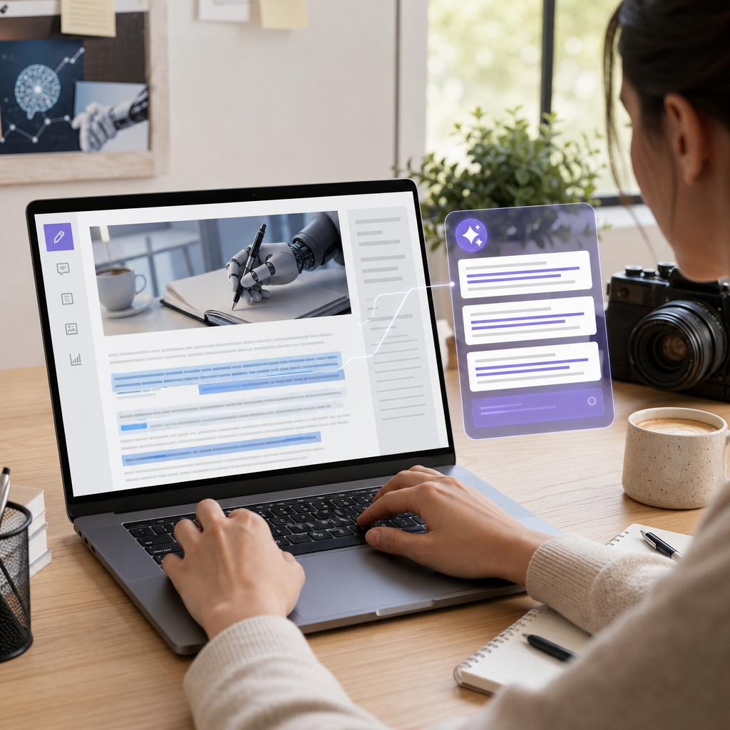 Blogger using AI-powered writing assistant on laptop for content creation