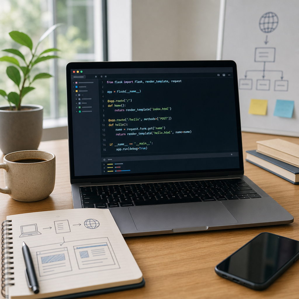 Laptop displaying beginner Python Flask code for a simple web application on a wooden desk setup