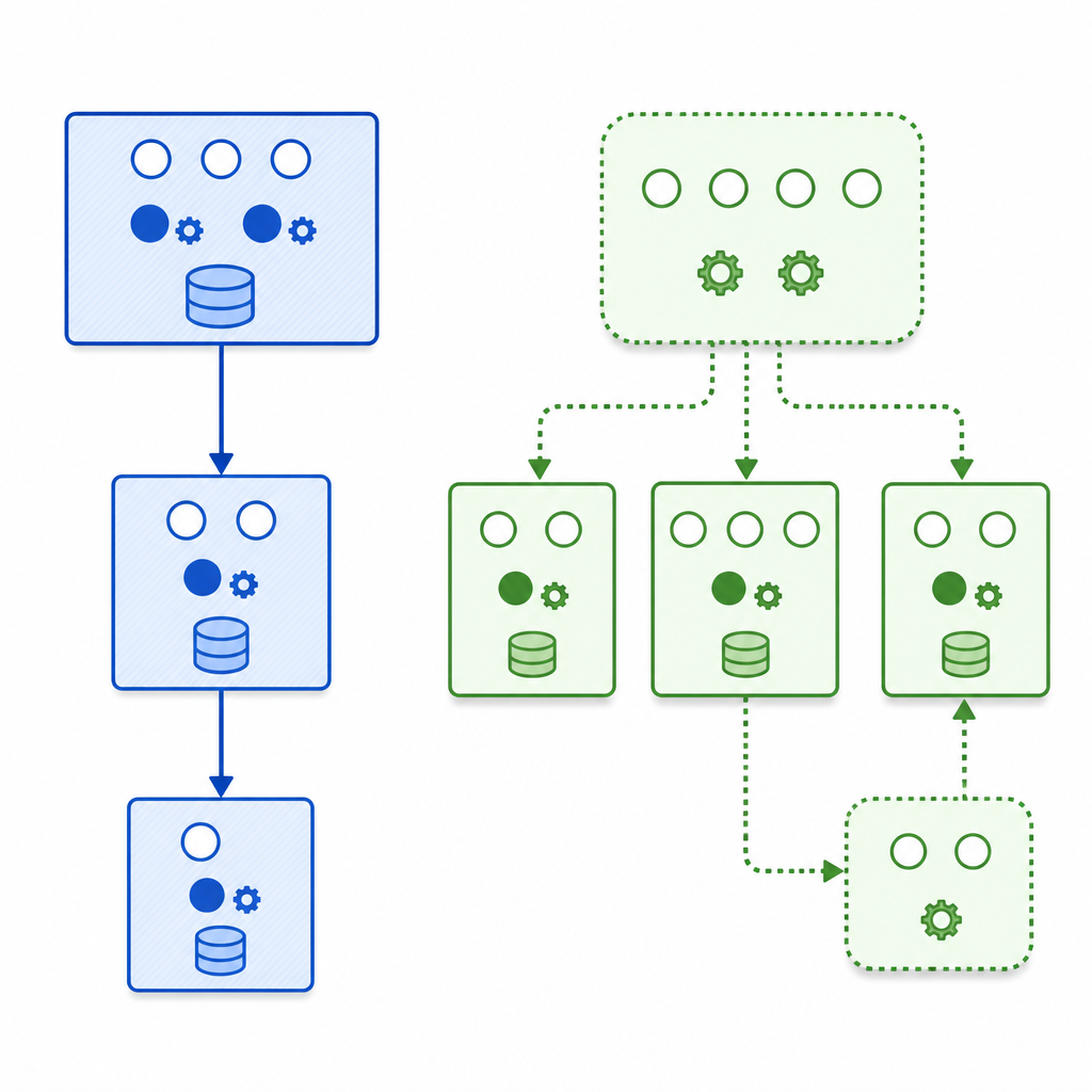 Visual showing the difference between abstract class and interface in Java: inheritance and method behavior (no text).
