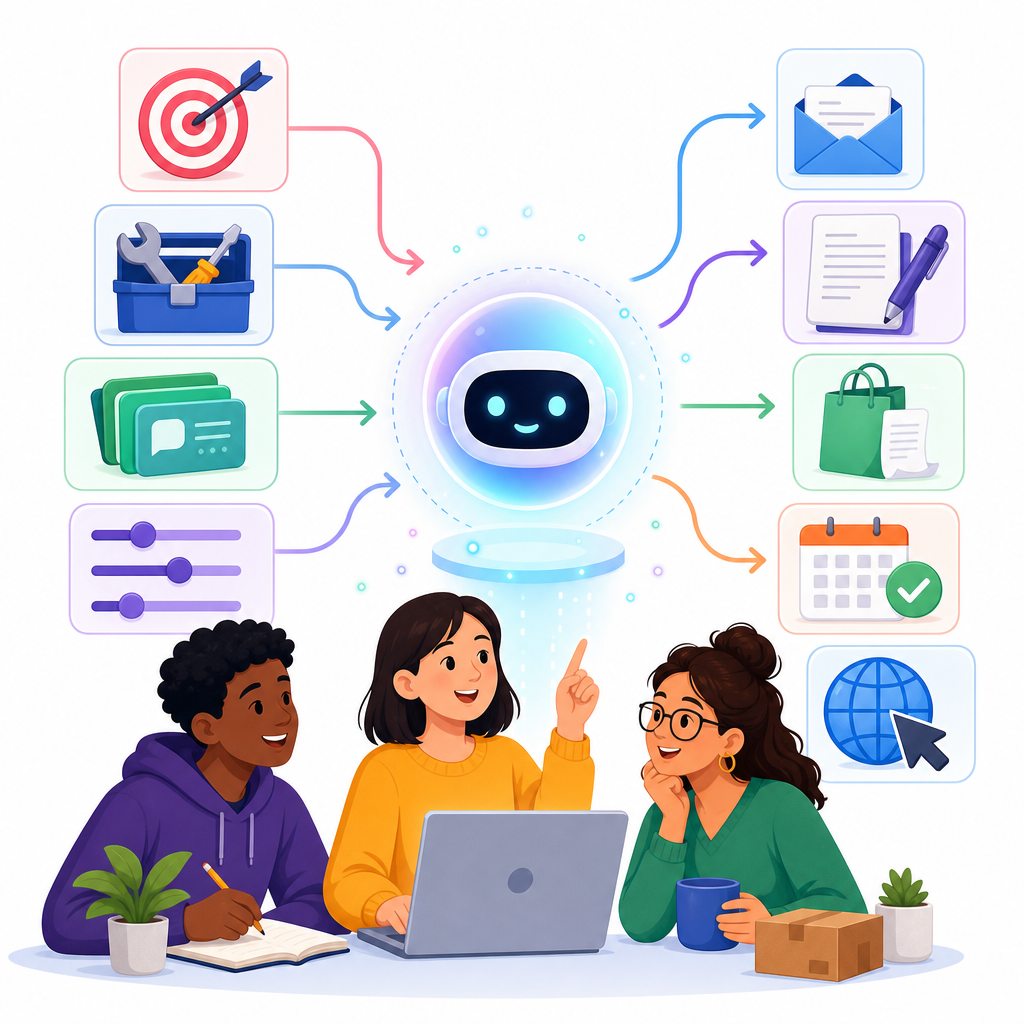 AI agents for beginners without coding illustrated with goals, memory, tools, and real-world action icons.