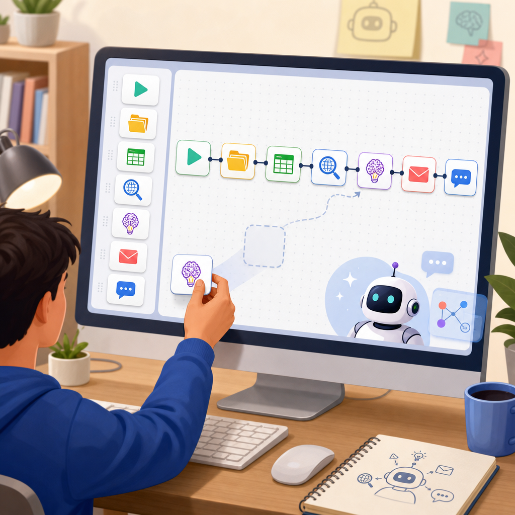 Building AI agents for beginners without coding on a drag-and-drop canvas connecting spreadsheet, web, and email tools.