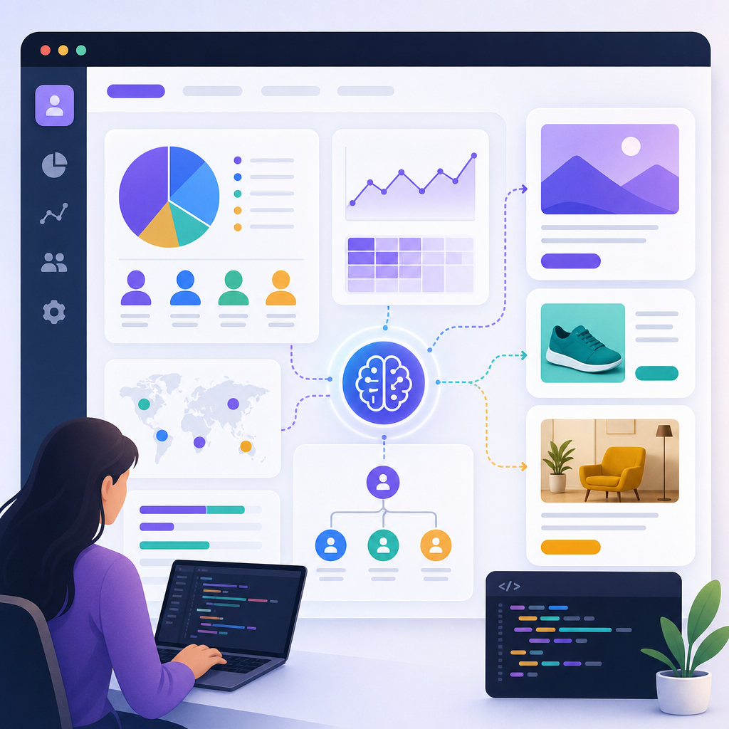 Web development dashboard displaying AI-powered personalization with user segmentation and content recommendations.