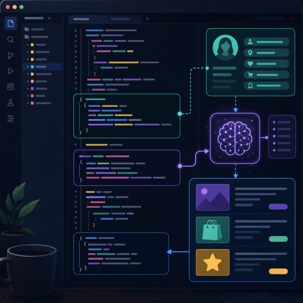 Code editor screen with AI personalization API integration snippet for dynamic web content.
