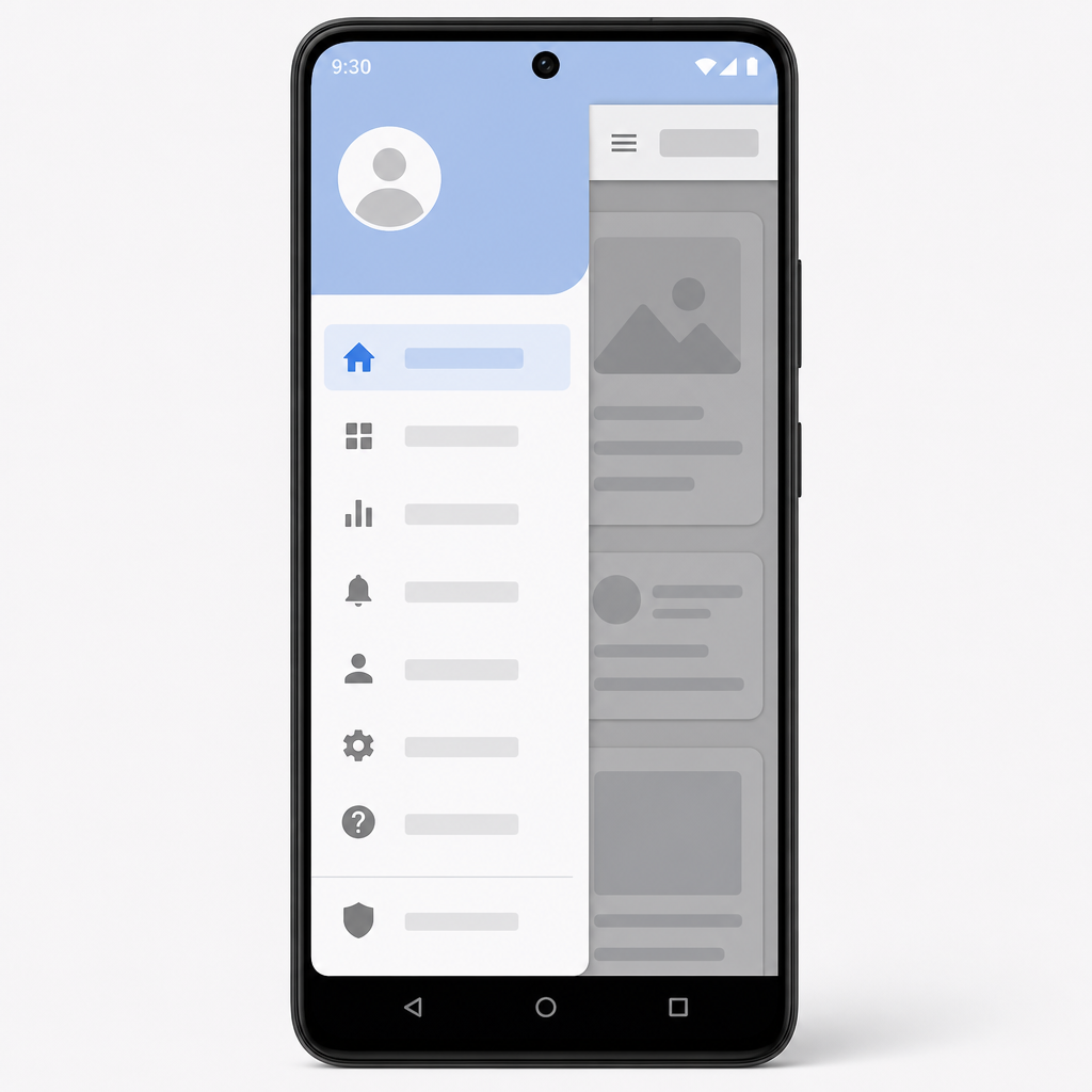 How to create a navigation drawer in Android: open drawer with Material menu icons on a phone screen