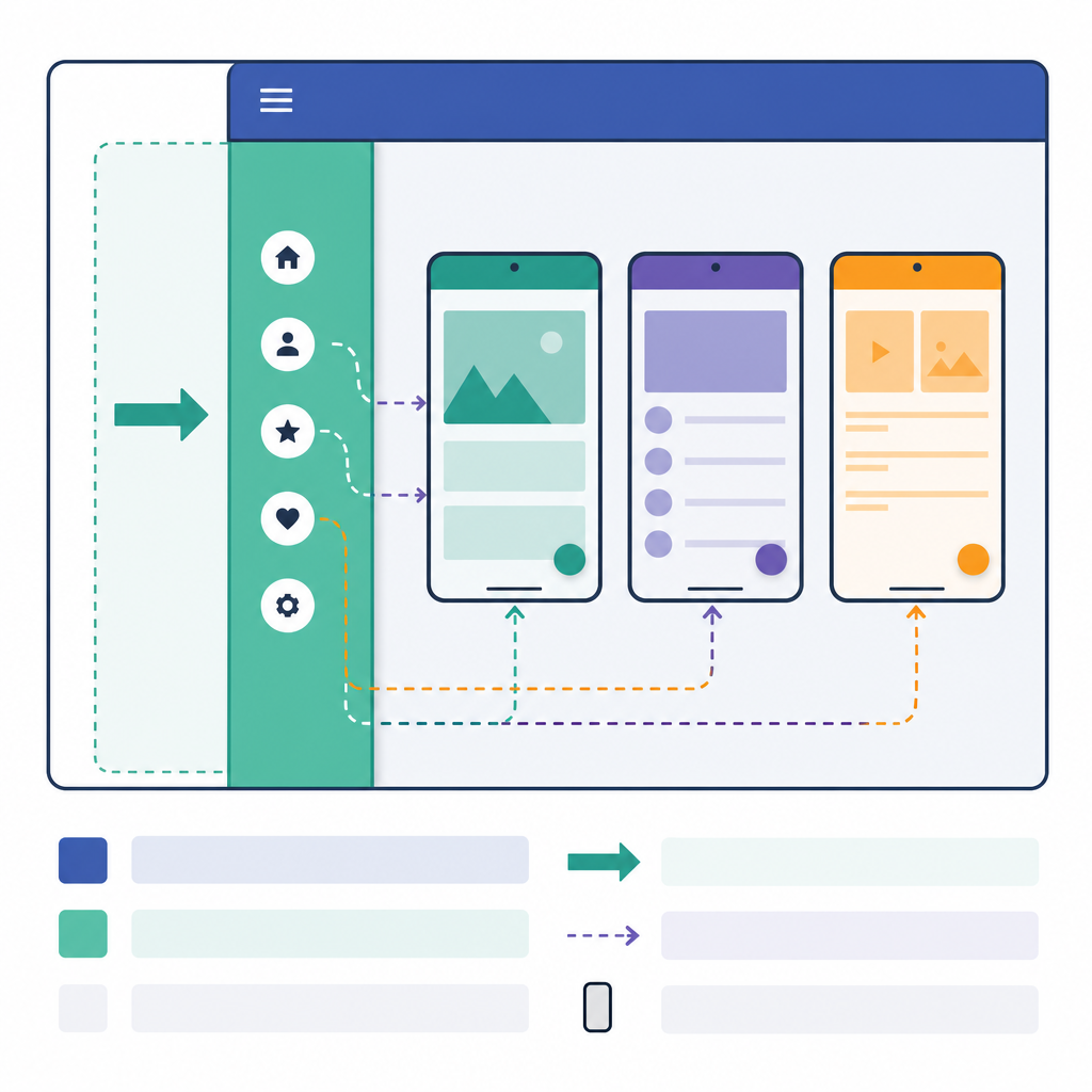 Diagram of Android Navigation Drawer structure: DrawerLayout, NavigationView, AppBar, and fragment flow