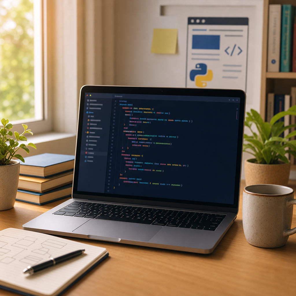 Beginner coding Python web development app with Flask in a friendly code editor on laptop