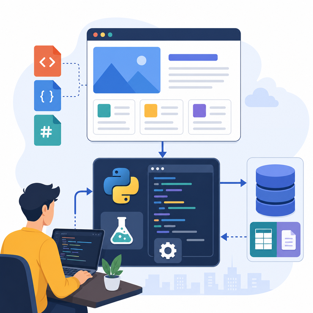 Python web development stack diagram showing backend, frontend, and database integration