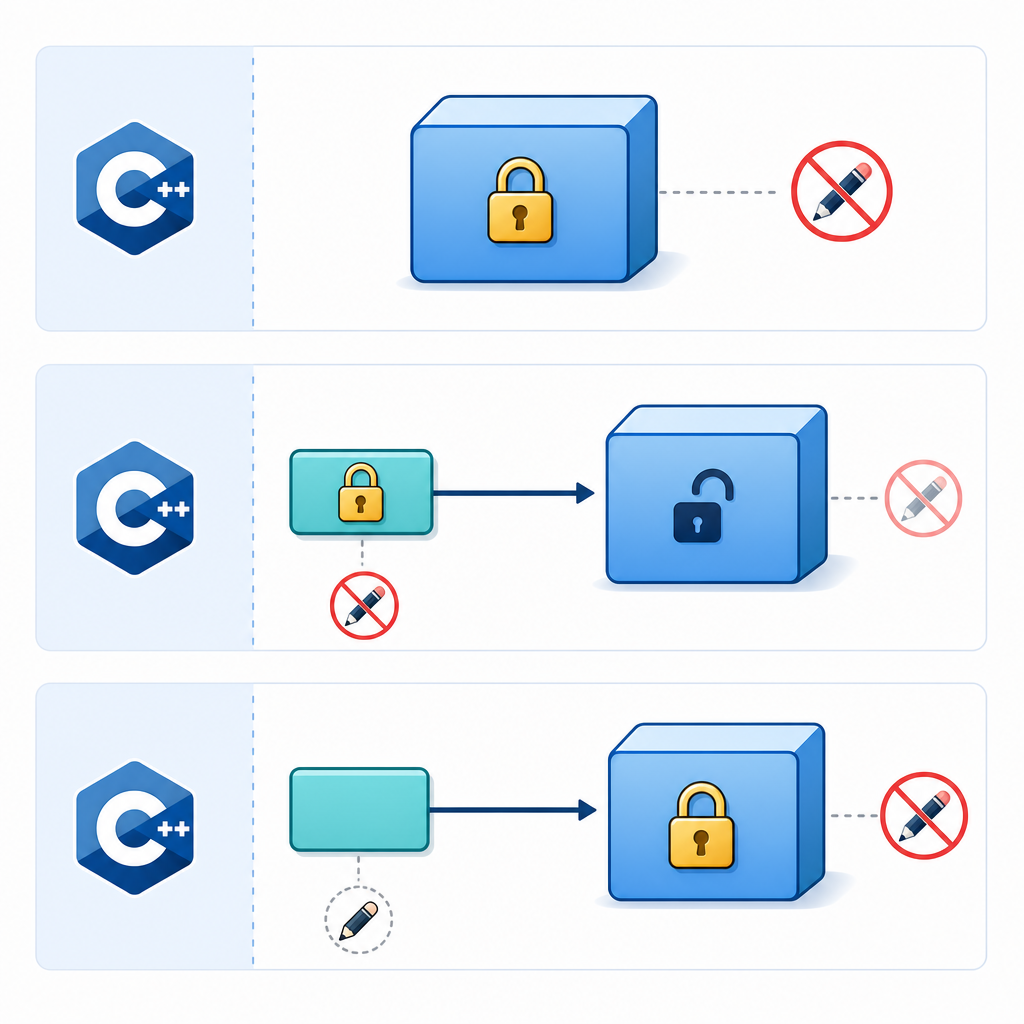 C++ const keyword with examples: const variable, const pointer, and pointer-to-const shown with locks and memory arrows