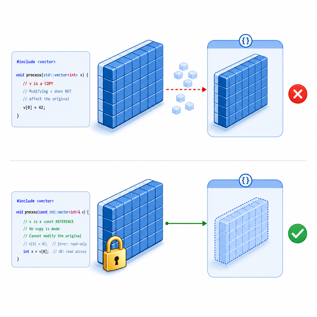 Pass-by-const-reference vs copy in C++: locked container flows without duplication for speed and safety