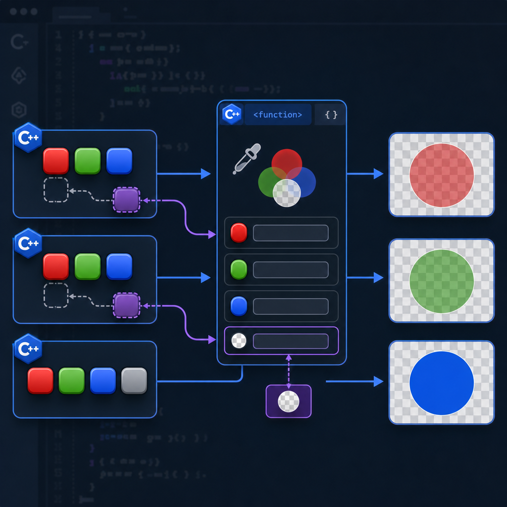 C++ default arguments with examples: RGB color function where a default alpha parameter is applied when not provided
