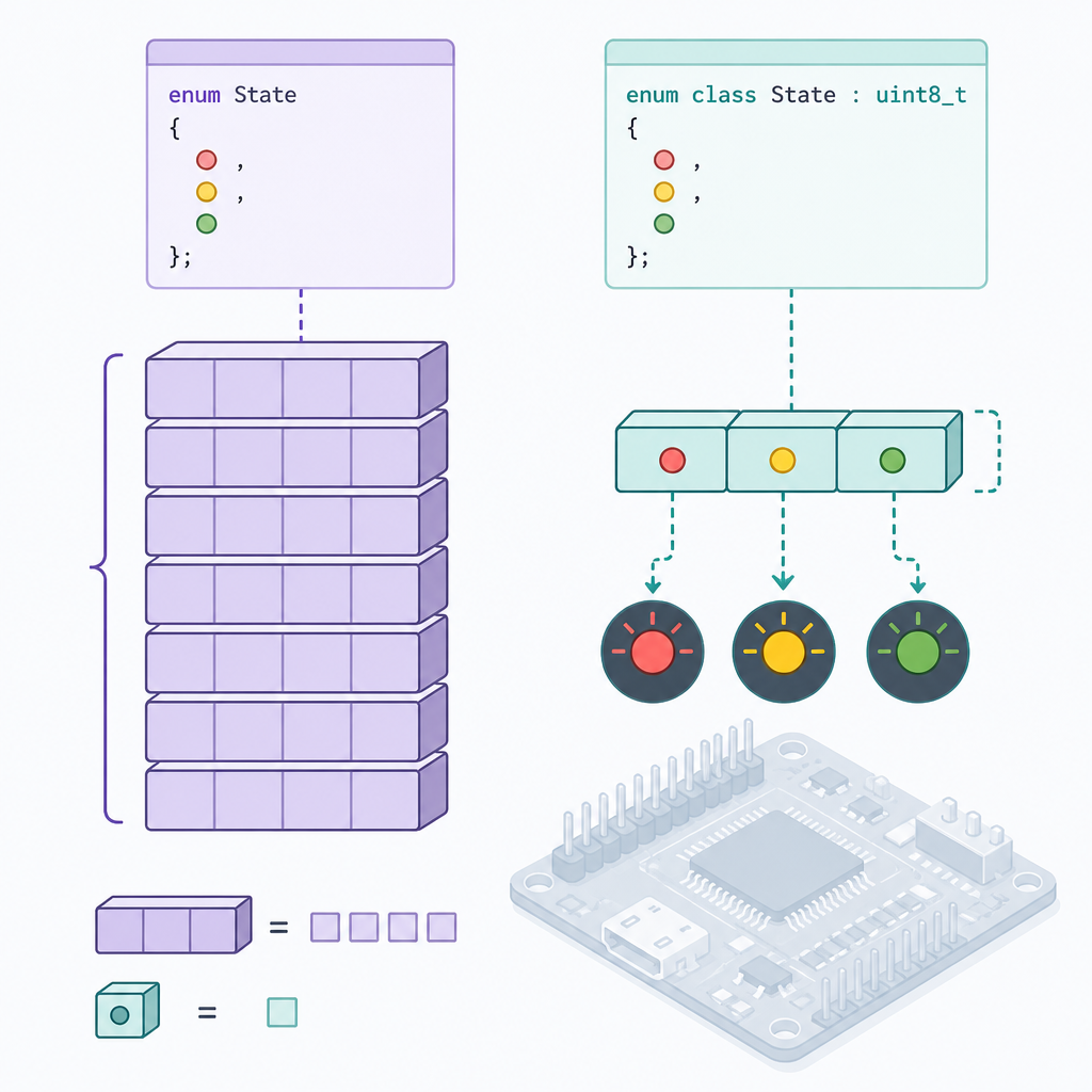 C++ enum and enum class explained for beginners: underlying type and memory size illustration