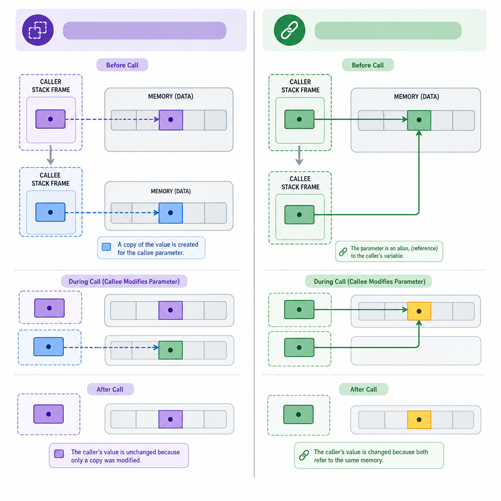 Pass-by-value vs pass-by-reference in C++ with stack frames and arrows — C++ references and pass by reference explained