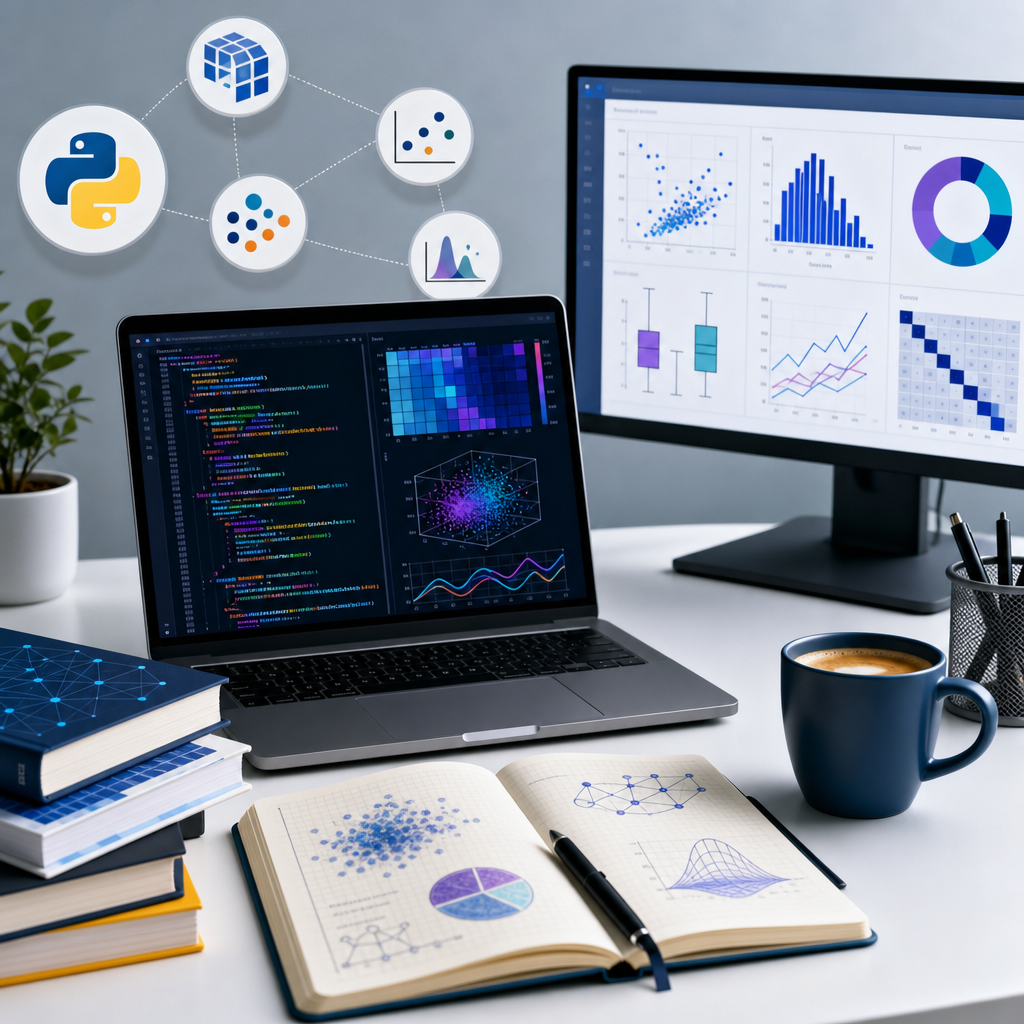 Python code with data science libraries Pandas and NumPy shown on laptop screen alongside charts and notebooks