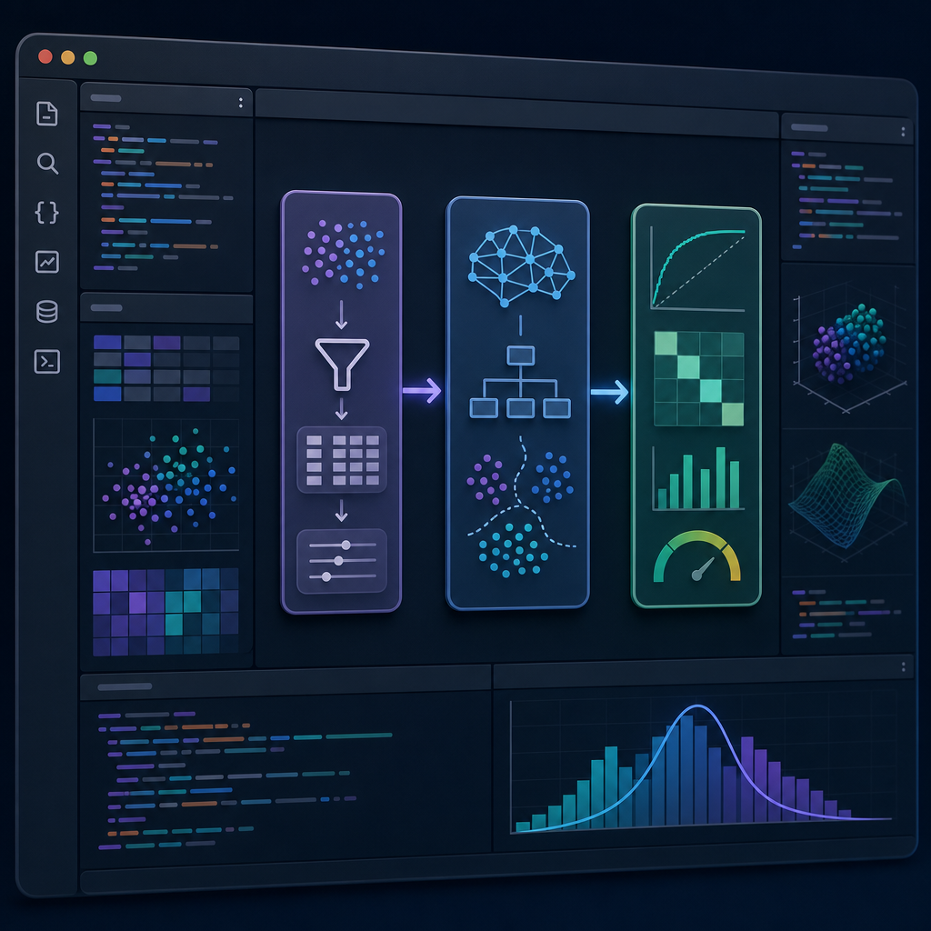 Machine learning pipeline with data preprocessing, Scikit-learn model training, and evaluation blocks on digital interface