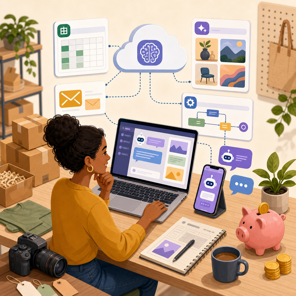 Budget-friendly generative AI for small businesses starter stack with laptop, chatbot, cloud APIs, and automations.