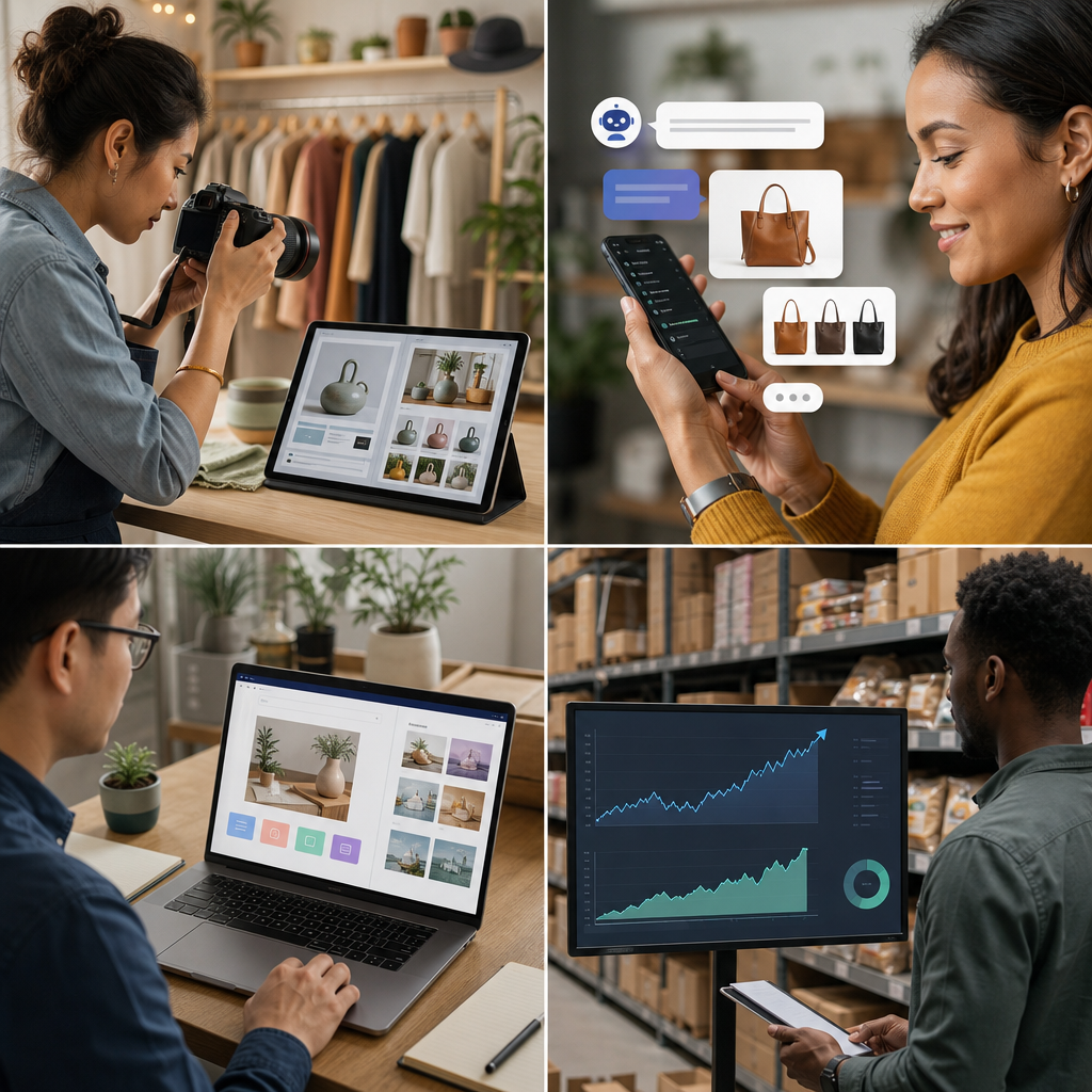 Generative AI for small businesses use cases: product content, support chatbot, marketing emails, and demand insights.