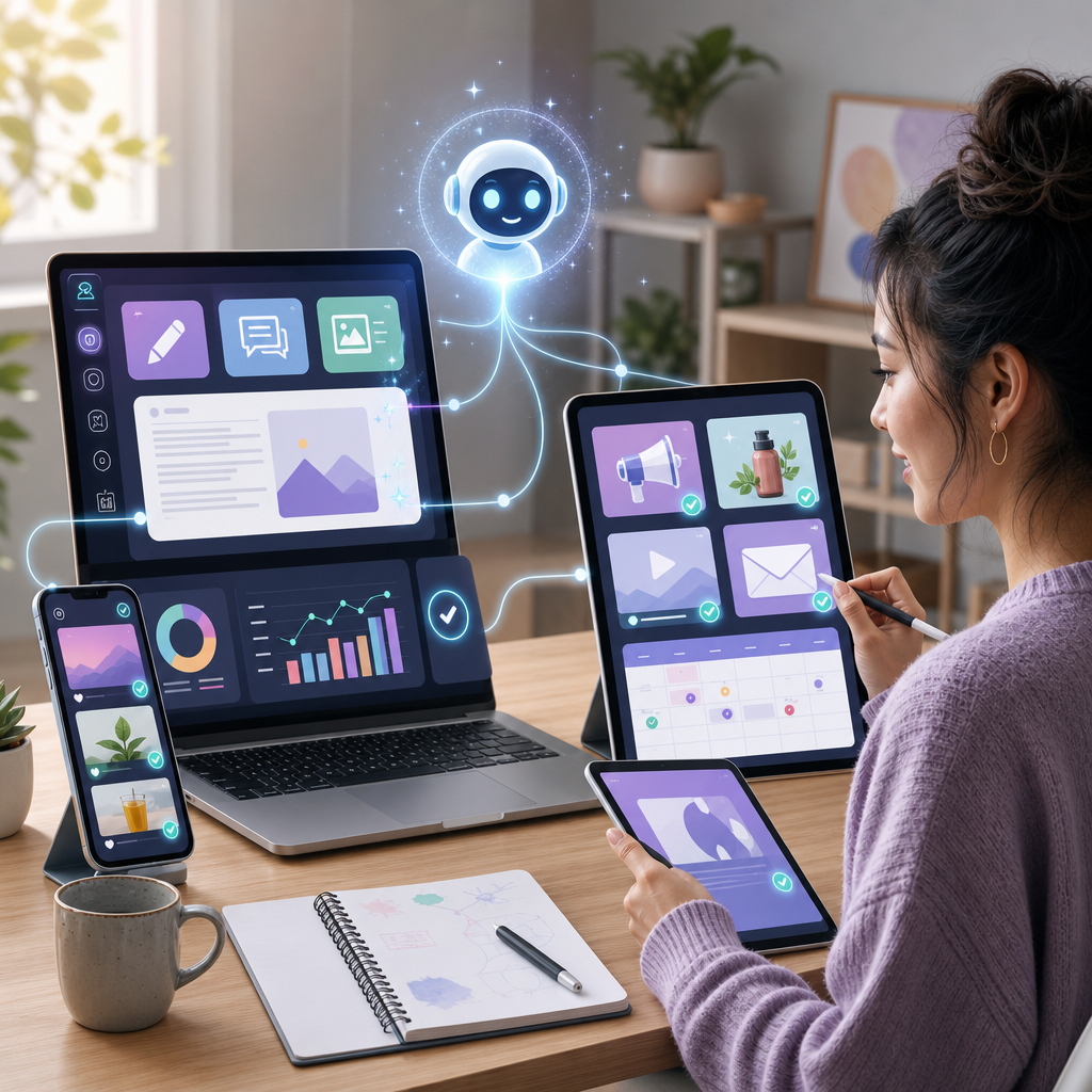 Beginner-friendly 2026 small business owner using generative AI to automate content across devices
