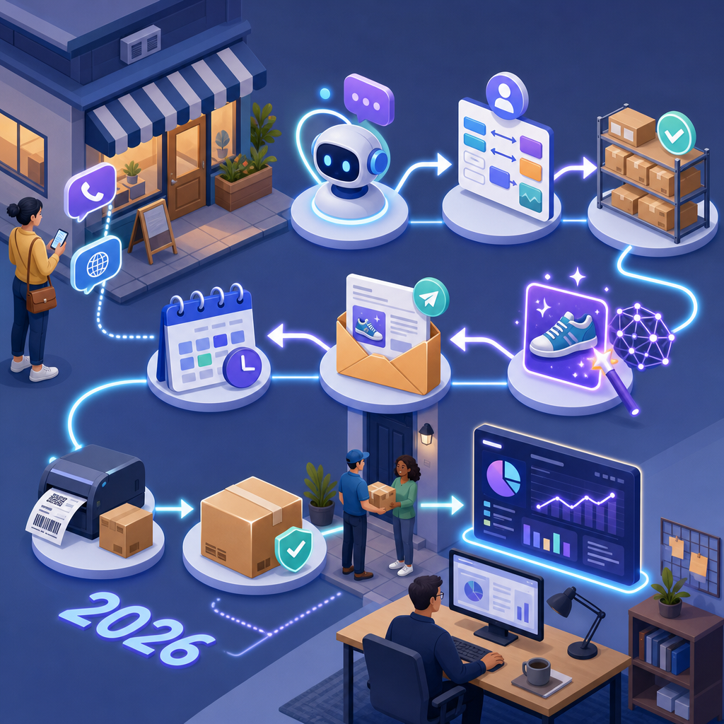 Generative AI 2026 workflow automating inquiries, product images, emails, and scheduling for small business