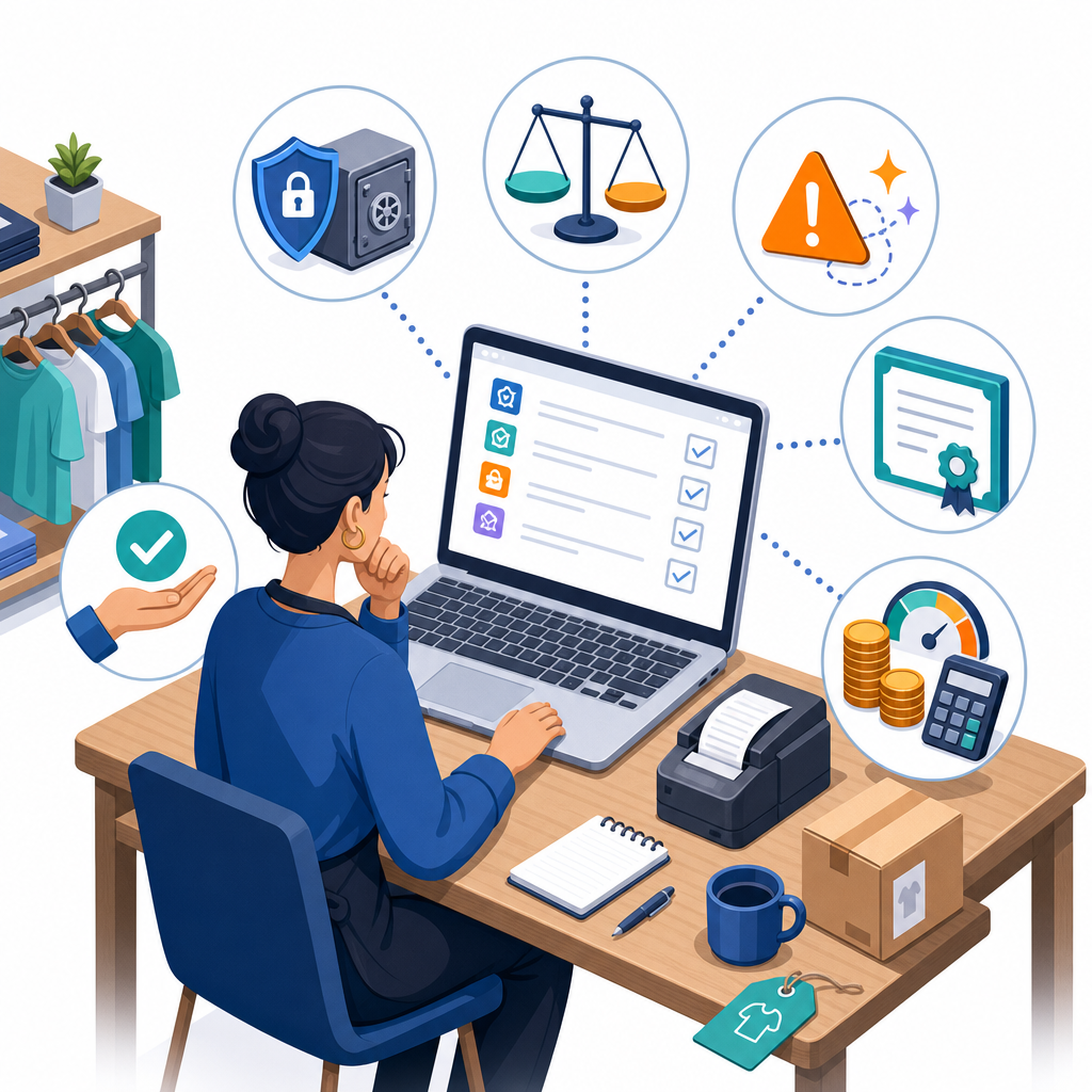 Generative AI for small businesses risk checklist with icons for privacy, bias, hallucinations, copyright, and cost control