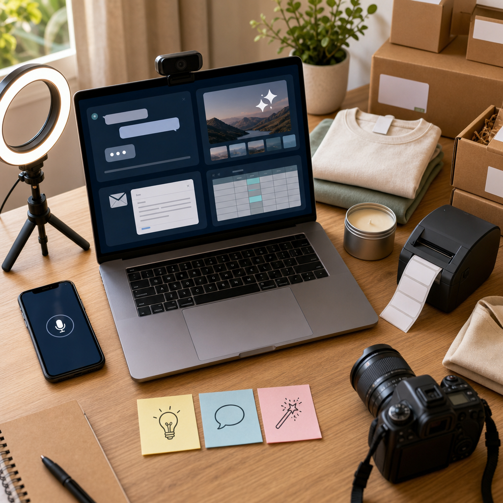 Starter toolkit for generative AI for small businesses on a founder desk with laptop, camera, and product packaging.