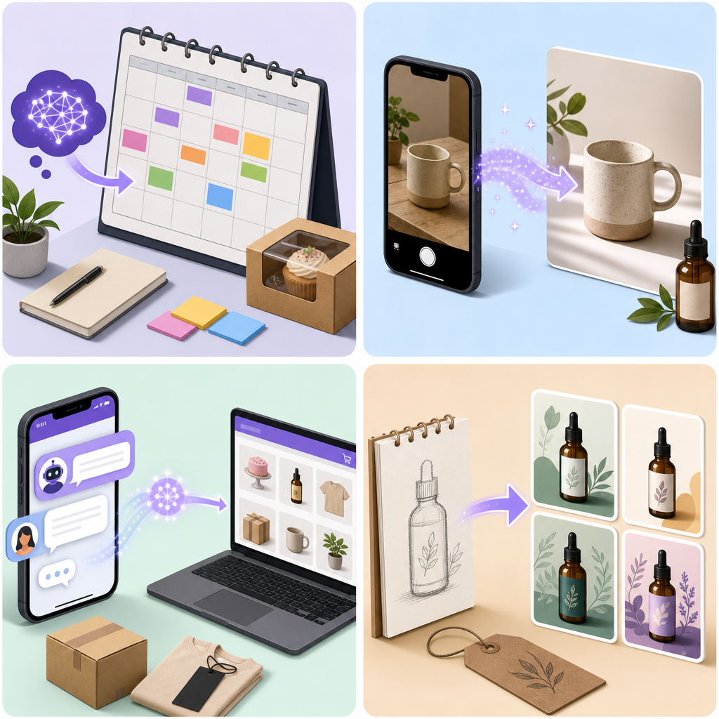 Isometric collage of generative AI use cases for small businesses: content planning, product photos, chatbots, design options