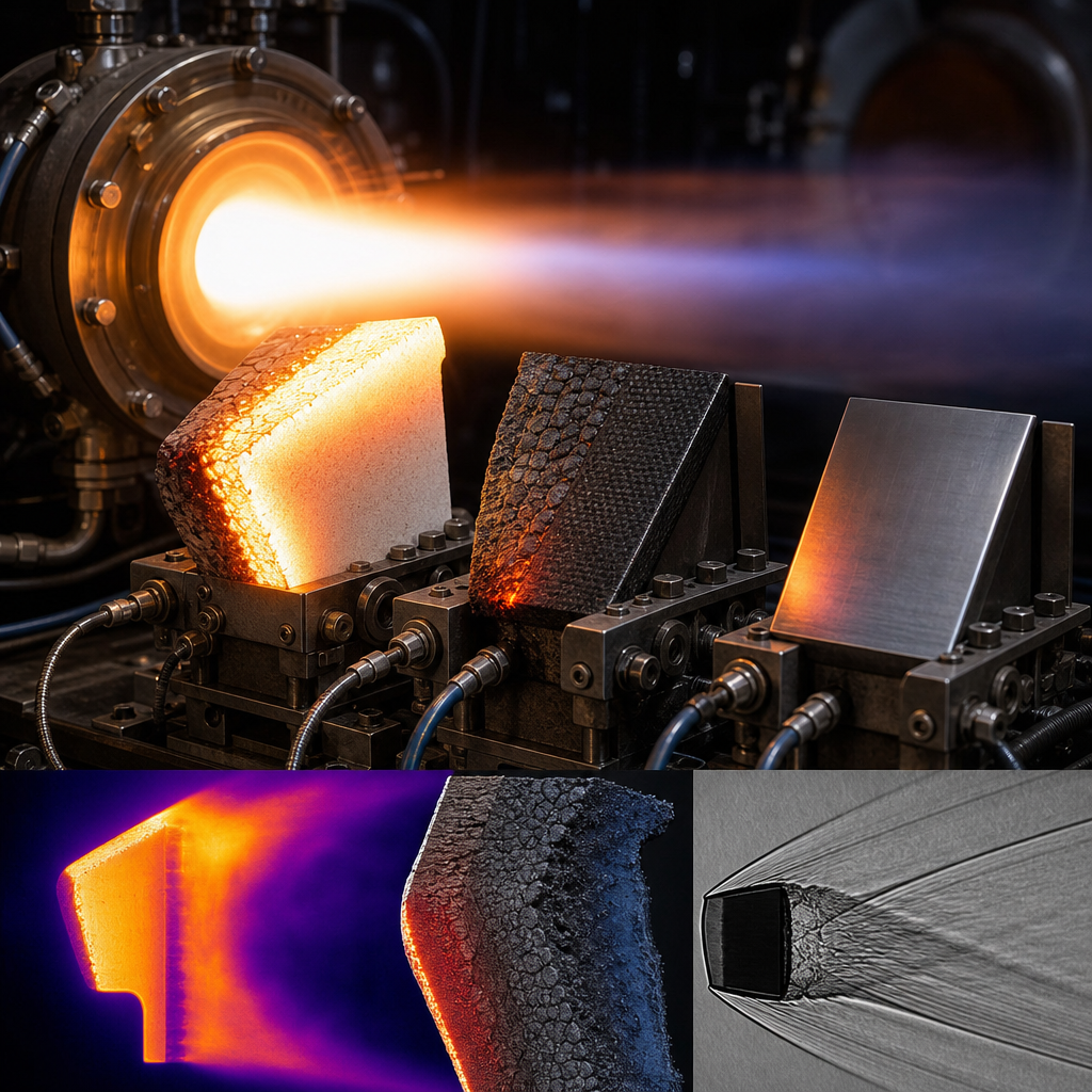 Arc-jet plasma test of hypersonic TPS samples showing ablation and UHTC coatings, highlighting protection trends