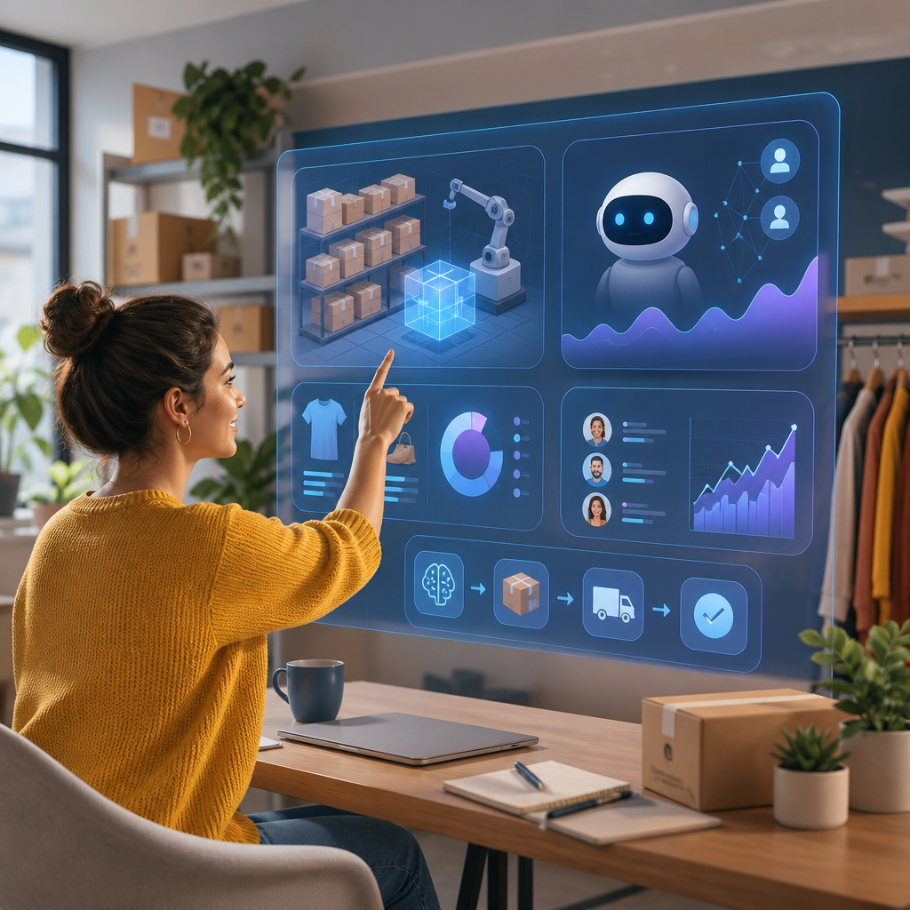 Small business owner using AI dashboard for inventory and customer insights