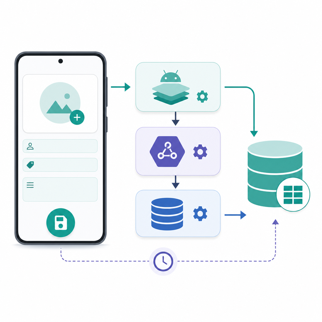 Diagram of how to insert data into Room database in Android: UI to ViewModel/Repository/DAO to database.