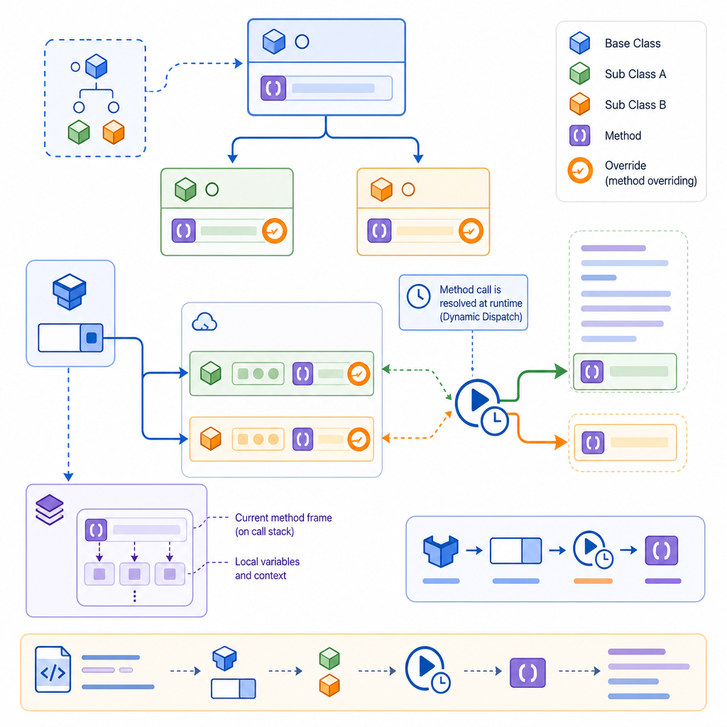 Java polymorphism runtime example: method overriding and dynamic dispatch visual