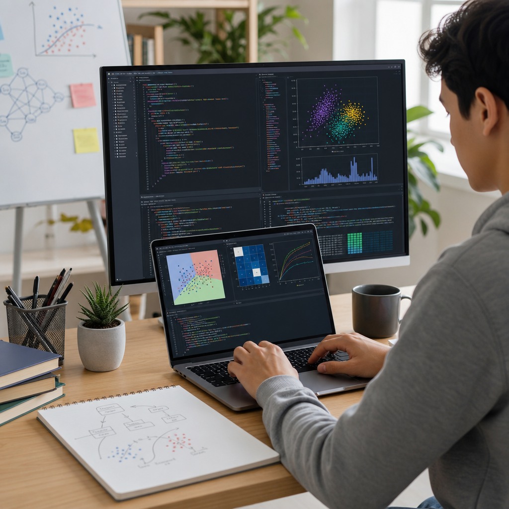 Python IDE showing beginner-friendly machine learning code examples using scikit-learn and numpy libraries