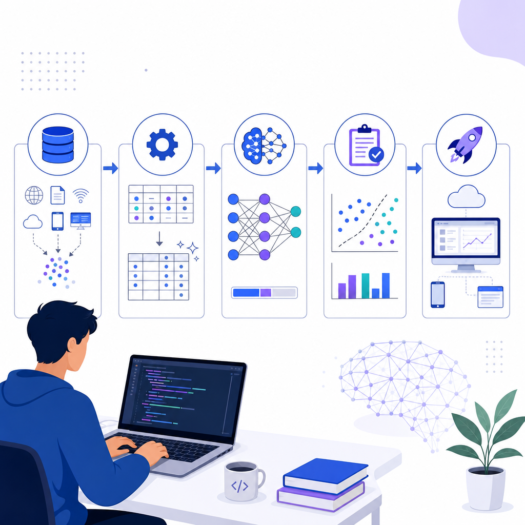 Diagram illustrating a beginner's machine learning pipeline from data to model deployment step-by-step