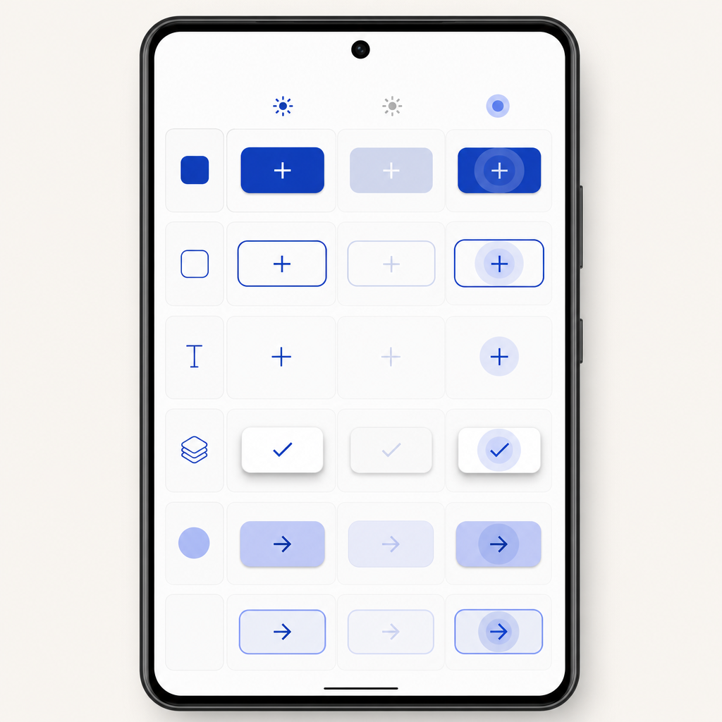 Android Material Design 3 button types and states on a phone mockup for beginners