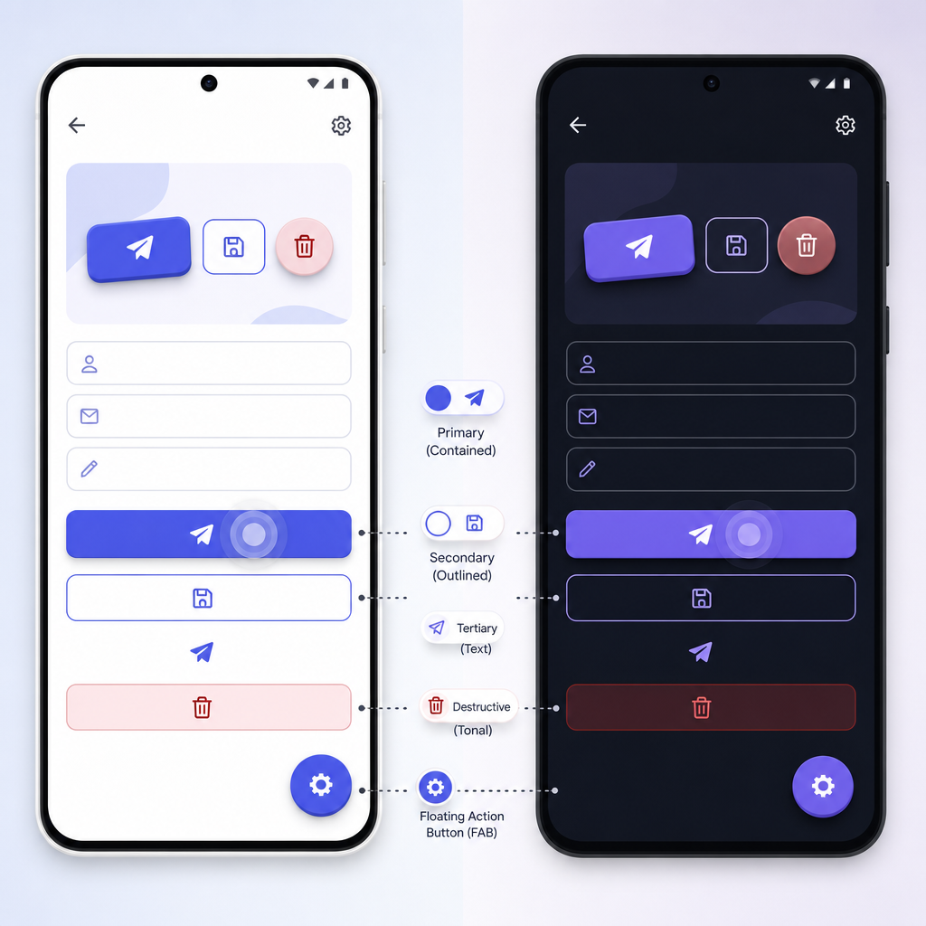 Light and dark theme Android screens showing Material 3 button hierarchy and FAB placement