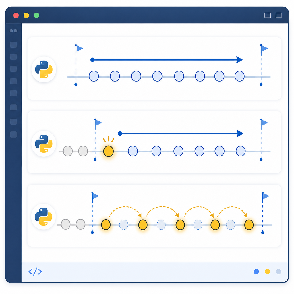 Python for loop with range examples: visual of stop, start-stop, and step iteration flows
