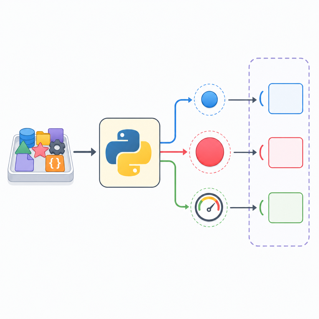 Python functions with parameters and return values shown as a function producing three outputs unpacked into variables