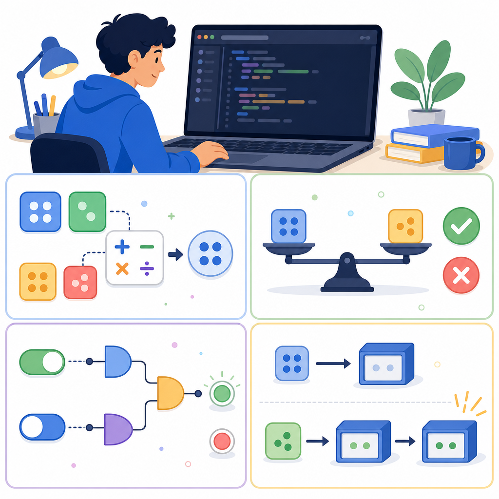 Python operators with examples for beginners: arithmetic, comparison, logical, and assignment illustrated