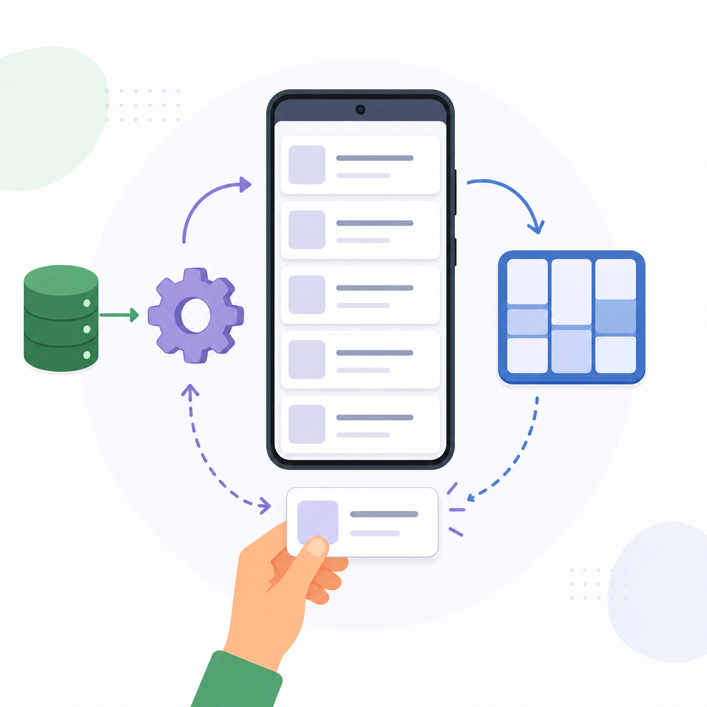 Visual flow of how to create RecyclerView with CardView in Android: data source, Adapter, LayoutManager, ViewHolder