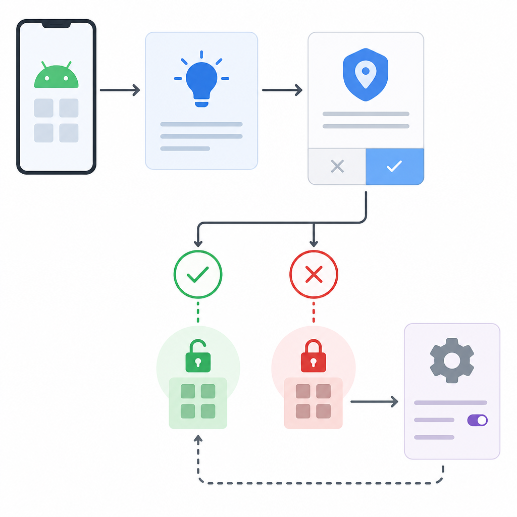 Flowchart of the Android runtime permission lifecycle from check to rationale, prompt, grant or deny, and app settings.