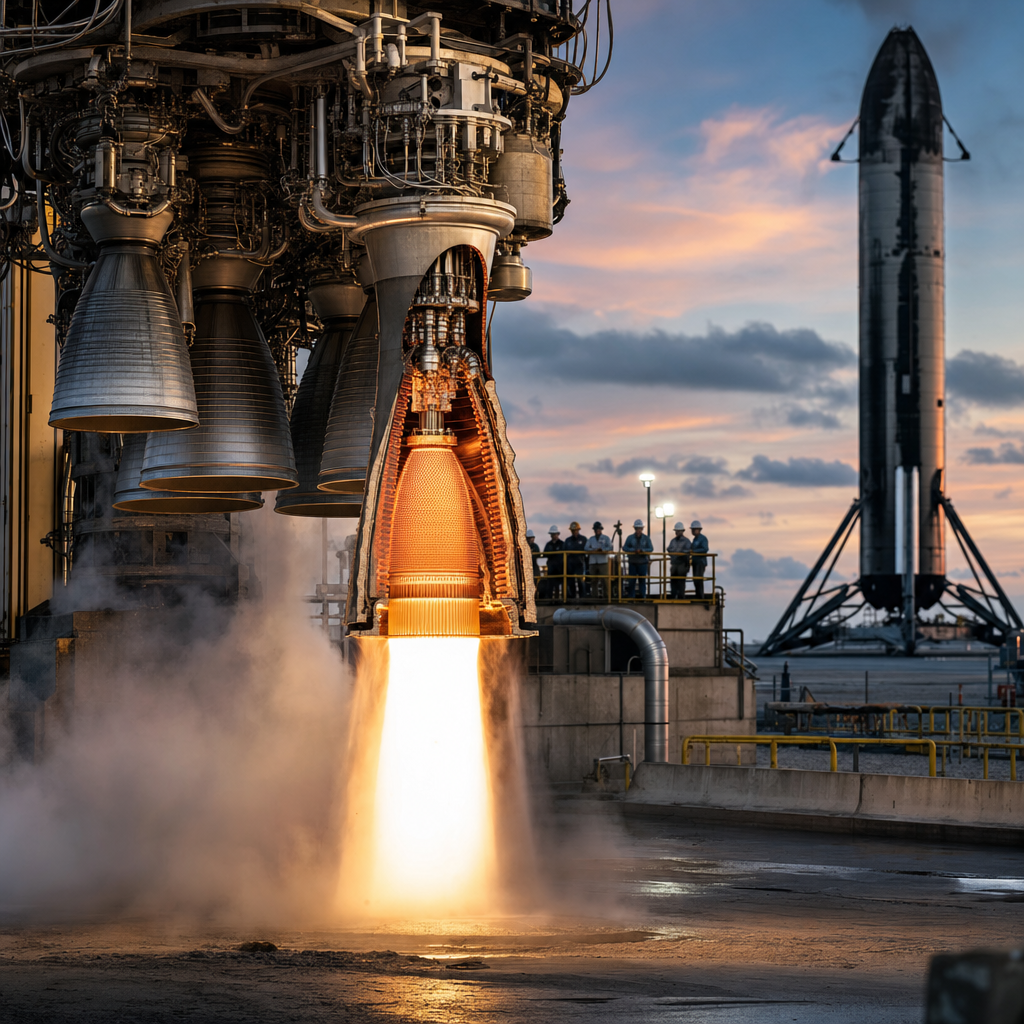 Static fire test of reusable rocket engines with cutaway cooled nozzle and a landed booster in the background.