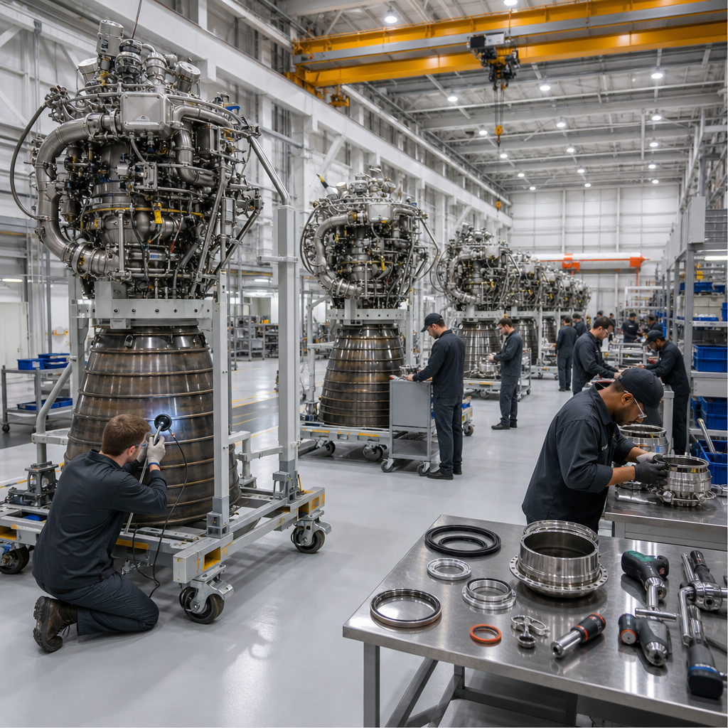 Refurbishment line for reusable rocket engines in a clean hangar, technicians swapping modules for fast turnaround.