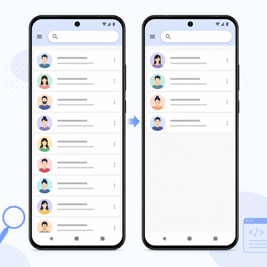 How to add SearchView to RecyclerView in Android: before-and-after filtered list on a phone UI (Kotlin).