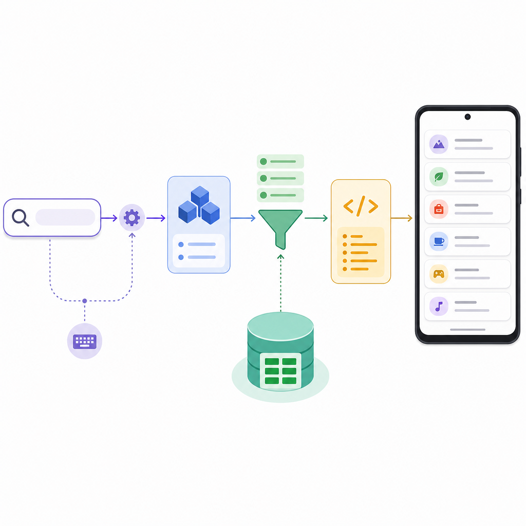 Flow of SearchView query through ViewModel and adapter to update a RecyclerView in Android (Kotlin).