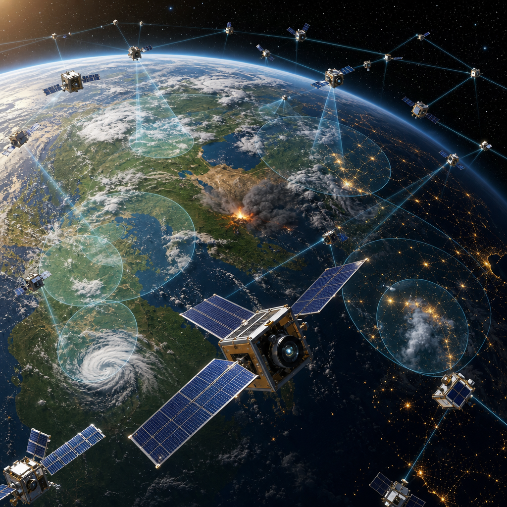 Small satellite constellations for Earth observation and disaster response visualized in low Earth orbit