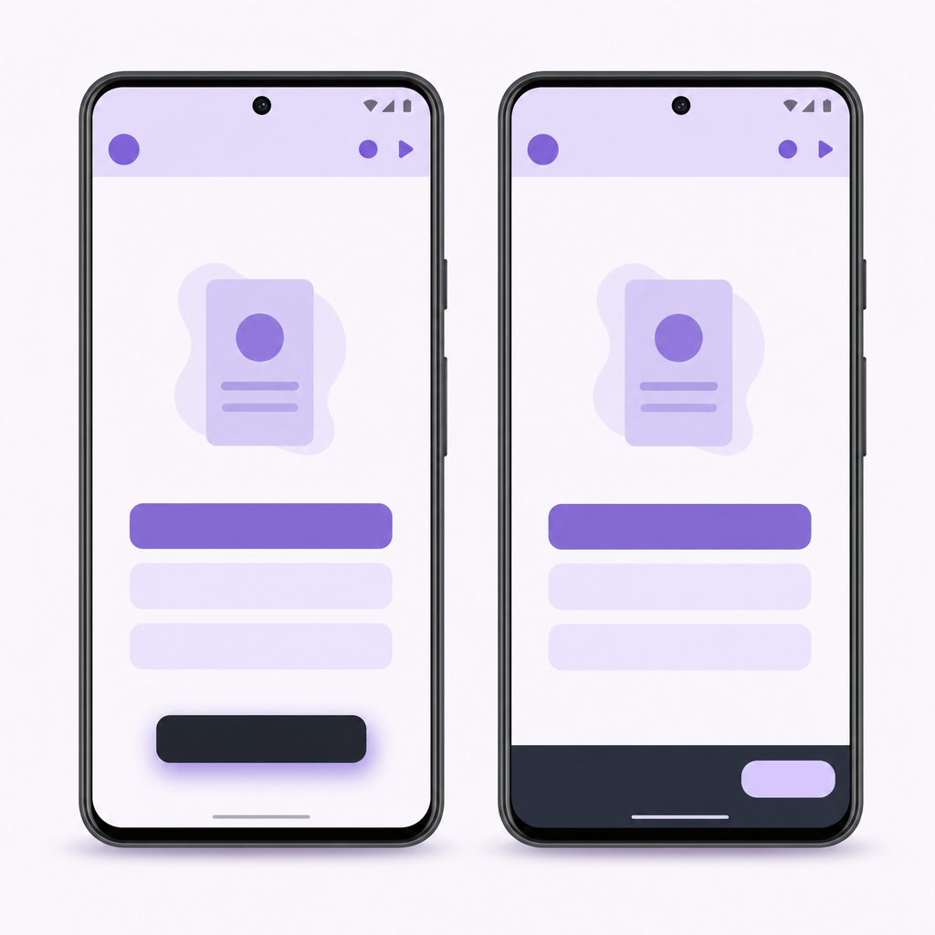How to show Toast and Snackbar in Android: visual of Toast vs Snackbar on two phone screens