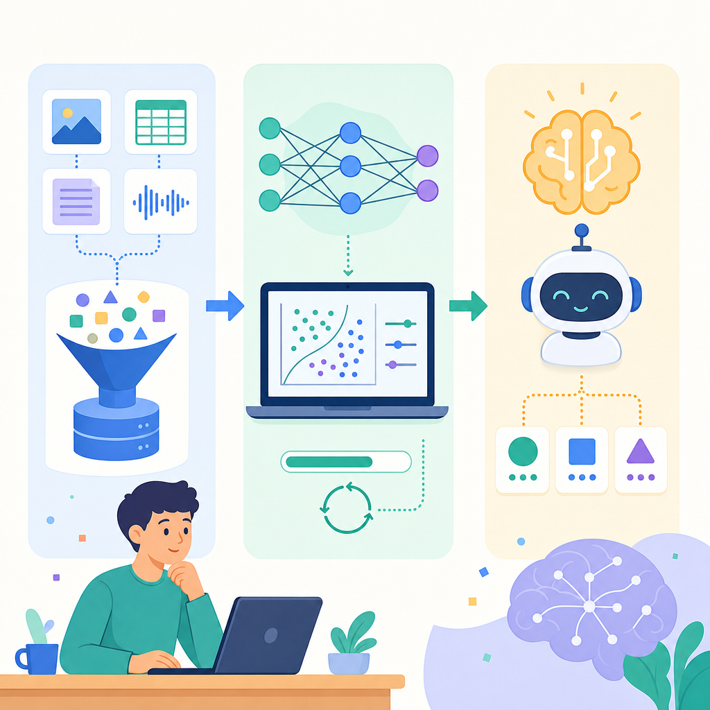 Beginner-friendly machine learning flowchart illustrating data input, training, and prediction stages