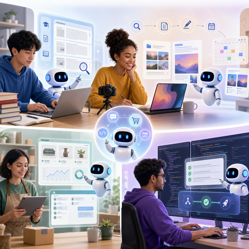 Split illustration of what are ai agents use cases for students, creators, small businesses, and developers