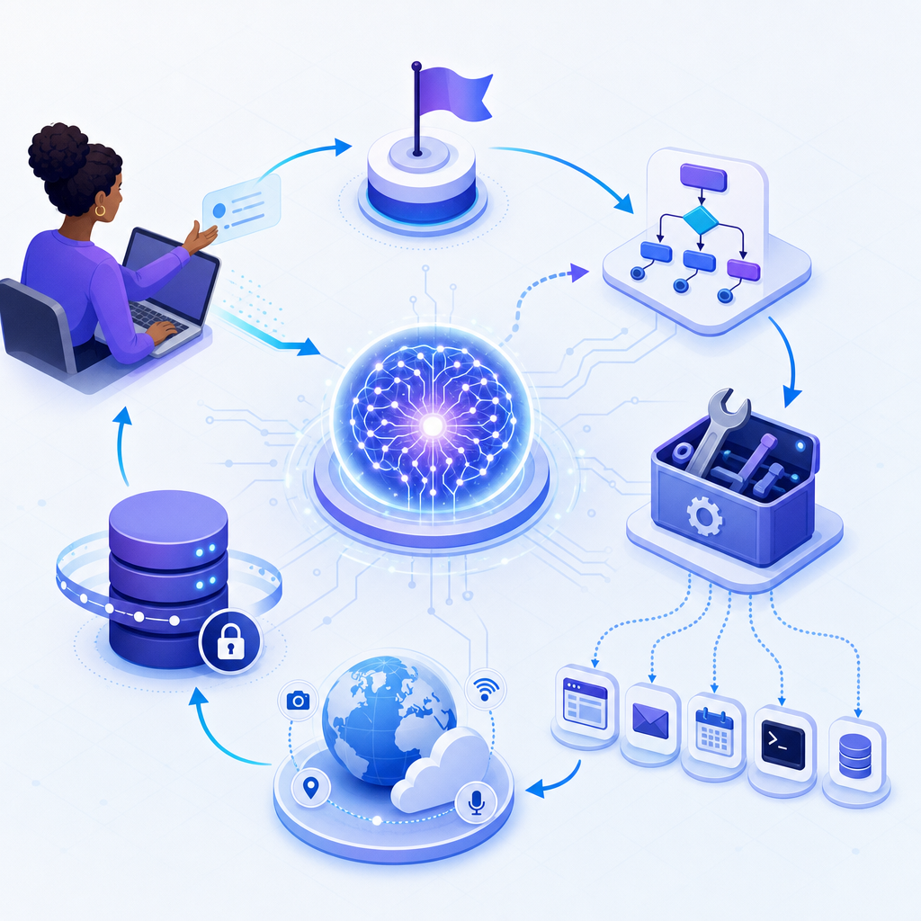 AI agents 101 for beginners: visual of autonomous agent loop with goals, planner, memory, tools, and feedback