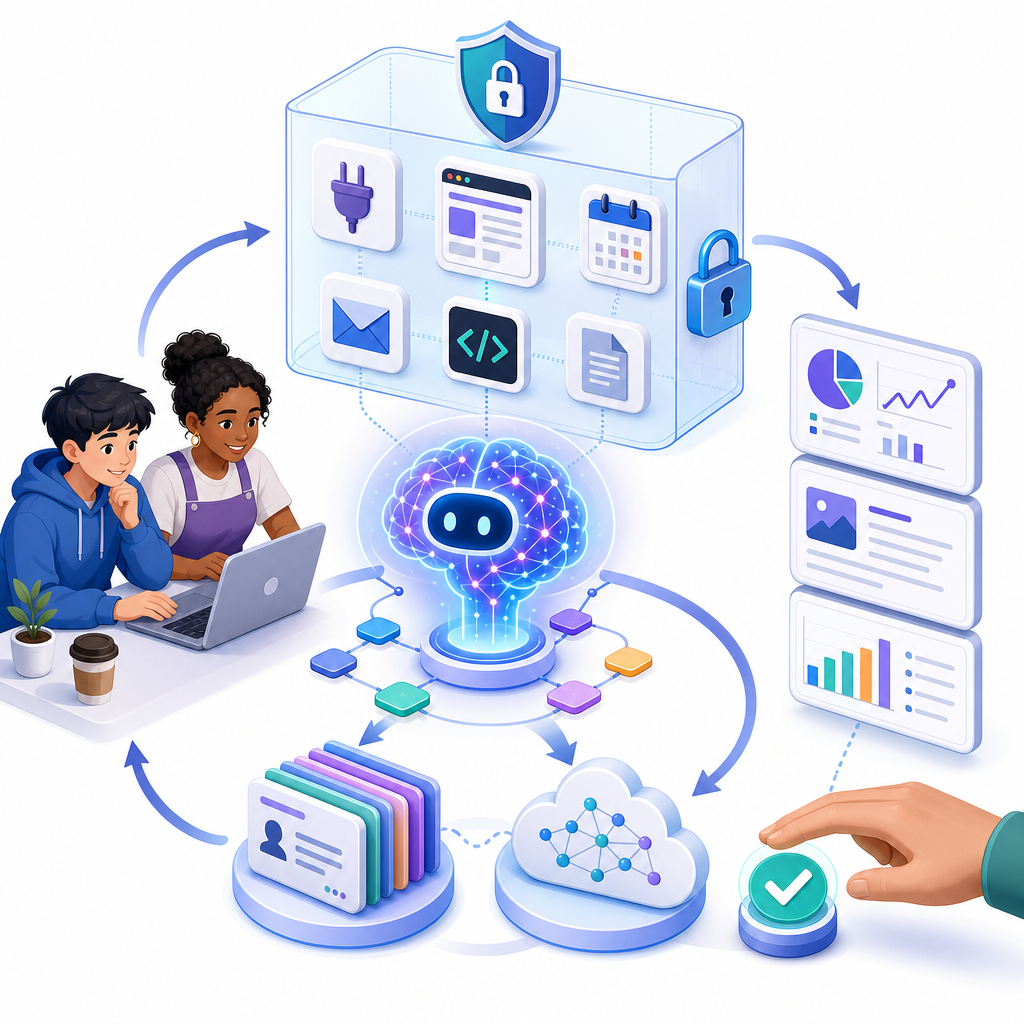 AI agents for beginners diagram with users, agent brain, planning loop, tools, memory, and safety guardrails