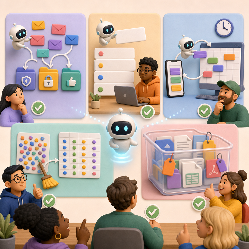 Beginner-friendly AI agent projects grid: email triage, blog outlines, scheduling, spreadsheet cleanup, file organizer
