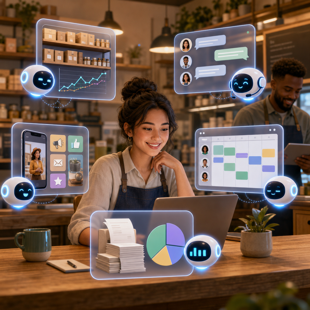 AI agents assisting a small retail business with inventory, customer support, marketing, scheduling, and bookkeeping